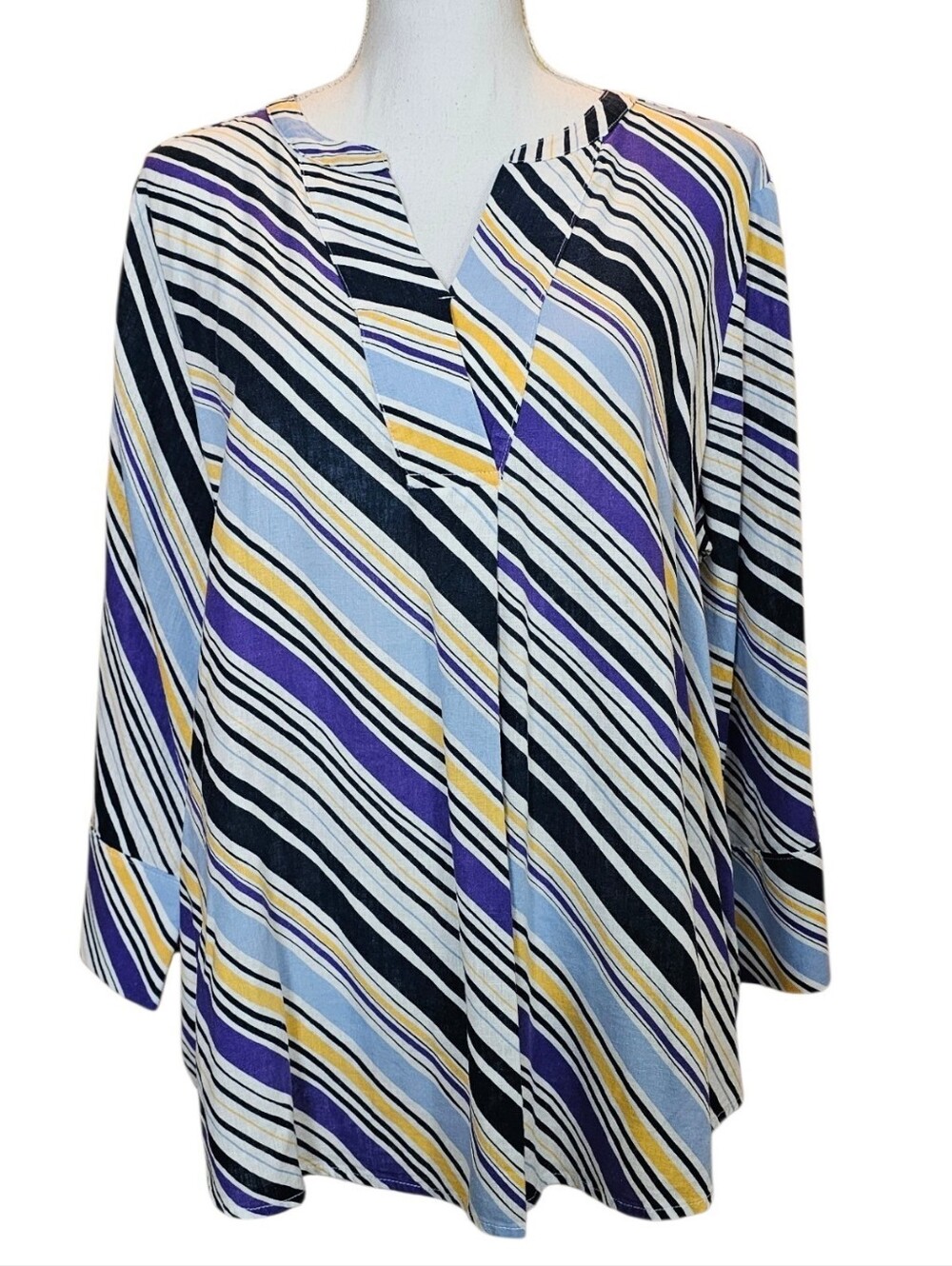 Liz Claiborne Womens XL Striped Linen Rayon Tunic Blouse Purple Yellow Blue